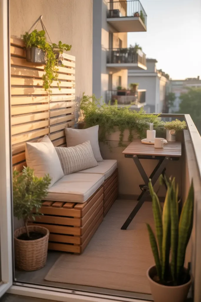 Tiny apartment balcony featuring wooden storage bench with soft seat cushion, narrow patio styled with small plants and neutral outdoor rug, warm afternoon sunlight touching textured wood surface, cozy urban balcony atmosphere with practical furniture and Pinterest style styling, peaceful relaxing outdoor apartment corner.