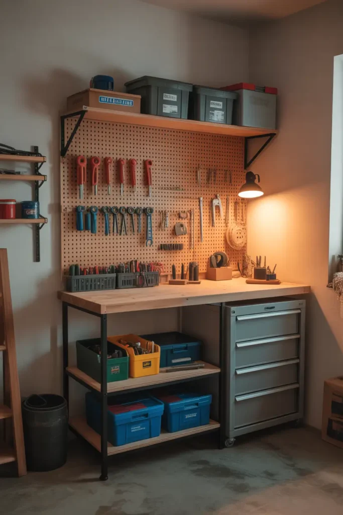 Small apartment garage workspace with compact wooden work table, pegboard wall behind holding tools, warm task lighting, organized containers and small tool boxes on tabletop, concrete floor with subtle texture, Pinterest inspired cozy garage workshop corner with clean functional layout.