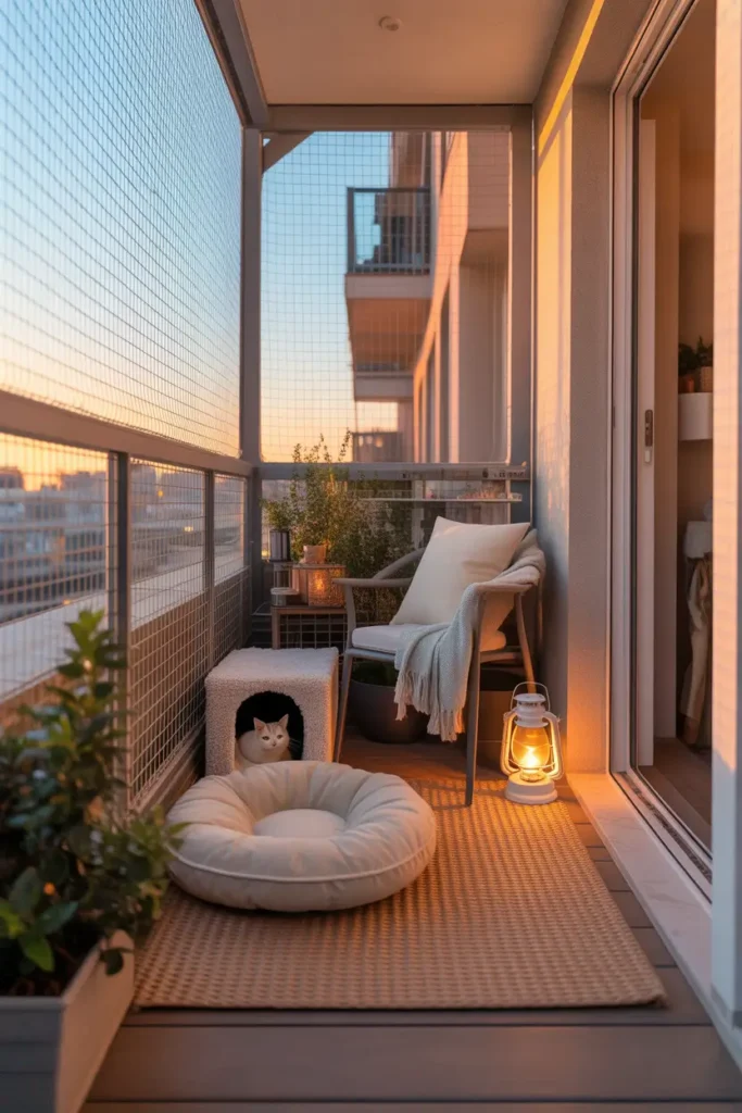 cat proof apartment balcony with secure mesh enclosure and a cozy corner cat house, soft cream washable cushion, textured outdoor rug, small lantern, slim chair with light throw blanket, warm golden hour lighting, realistic apartment decor, soft feminine color palette, clean and cozy balcony styling, detailed fabrics and wood textures, inviting pet-friendly nook, calm home atmosphere, small urban balcony with stylish practical setup, realistic high-quality Pinterest photo feel