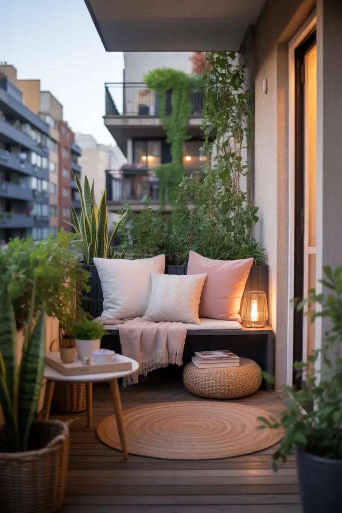 apartment balcony corner with cozy seating hidden behind layers of tall green plants, compact bench with soft blush and cream cushions, small side table, woven lantern, jute rug, warm evening light, city apartment background softened by greenery, feminine and intimate styling, natural wood and fabric textures, peaceful private nook, soft realistic shadows, inviting home life atmosphere, polished but lived-in decor perfect for a cozy balcony retreat.
