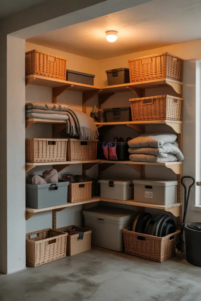 Bright apartment garage corner with layered wooden corner shelves holding storage baskets, folded blankets, small tool boxes, and gardening gloves, warm ceiling lighting casting soft shadows on concrete floor, neutral toned walls, minimal clutter, Pinterest inspired realistic interior photo with cozy and tidy organization feel.