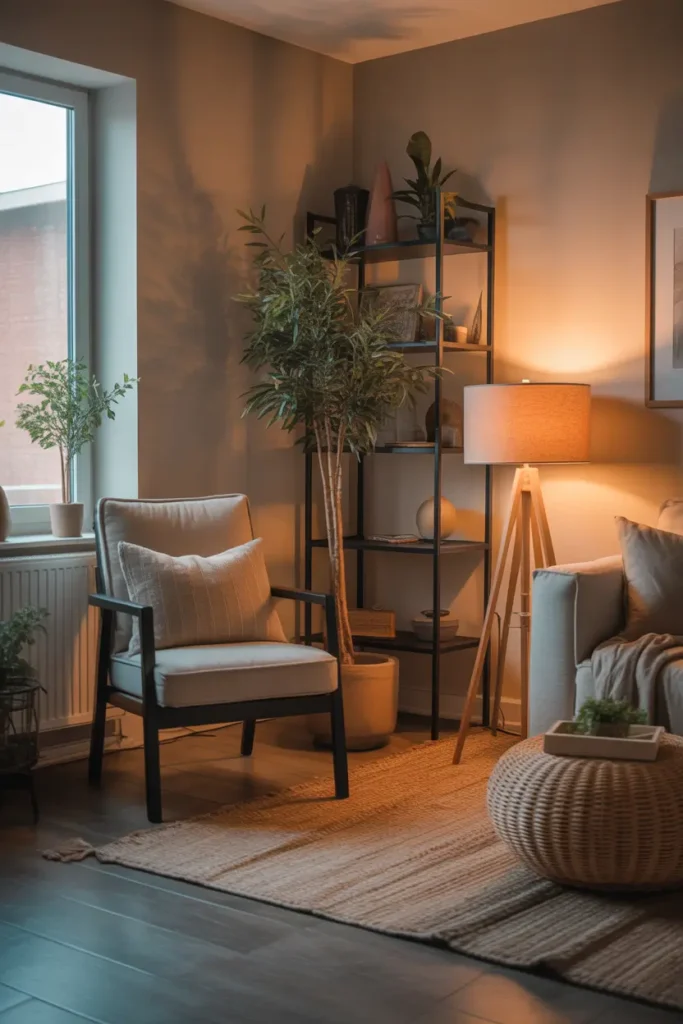 small apartment living room corner styled with compact accent chair, tall indoor plant, slim shelving unit, warm lamp glow, layered textures including woven rug and soft cushions, natural sunlight blending with ambient lighting, cozy neutral color palette, realistic interior photography showing balanced composition and inviting atmosphere, emphasizing efficient use of corner space in small living environment.