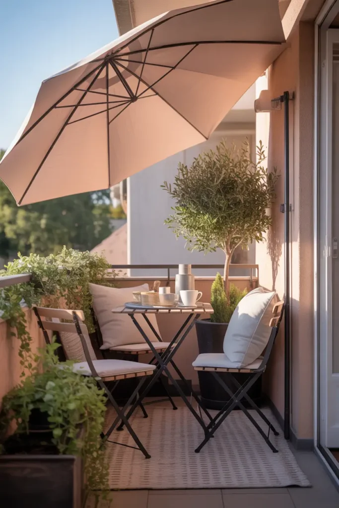 apartment balcony with slim corner umbrella in soft beige fabric, tiny balcony with small bistro table and two chairs, light cushion accents, potted olive tree and trailing plants, warm daylight softened by umbrella shade, textured floor, cozy apartment setting, stylish feminine outdoor corner, layered neutral tones, realistic metal and fabric details, calm and comfortable atmosphere, soft shadows, small-space balcony designed for coffee and quiet relaxation