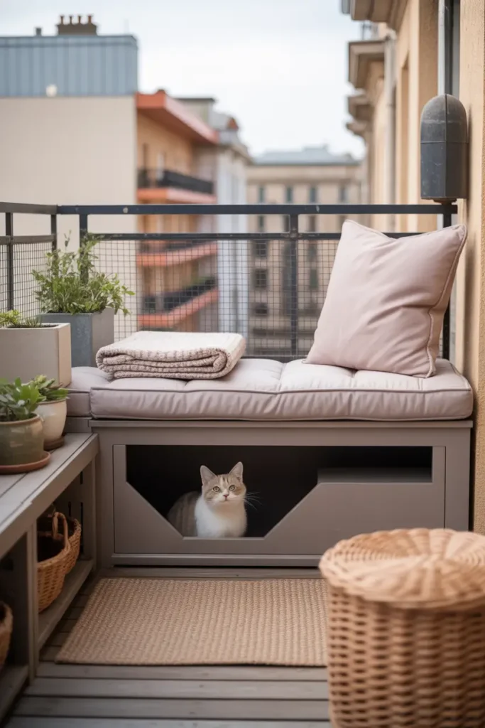 cat proof apartment balcony featuring a built-in covered bench with hidden cat lounge nook below, secure balcony screen, soft beige bench cushion, folded throw blanket, textured outdoor rug, ceramic plant pots, warm diffused daylight, cozy small balcony styling, feminine neutral color palette, realistic apartment decor, practical storage design, peaceful pet-friendly atmosphere, layered soft textures, detailed wood and fabric finishes, calm city apartment setting, polished Pinterest-worthy home photo.