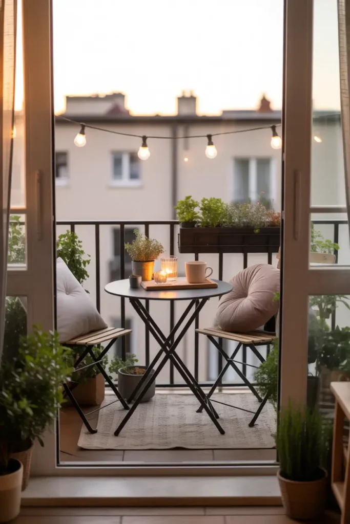Small apartment balcony styled as cozy coffee corner, round bistro table with two chairs, warm string lights above railing, soft outdoor cushions, small potted plants and herbs, early morning sunlight, soft neutral apartment interior visible through balcony doors, cozy lifestyle atmosphere, Pinterest aesthetic apartment balcony, light breeze moving curtains.