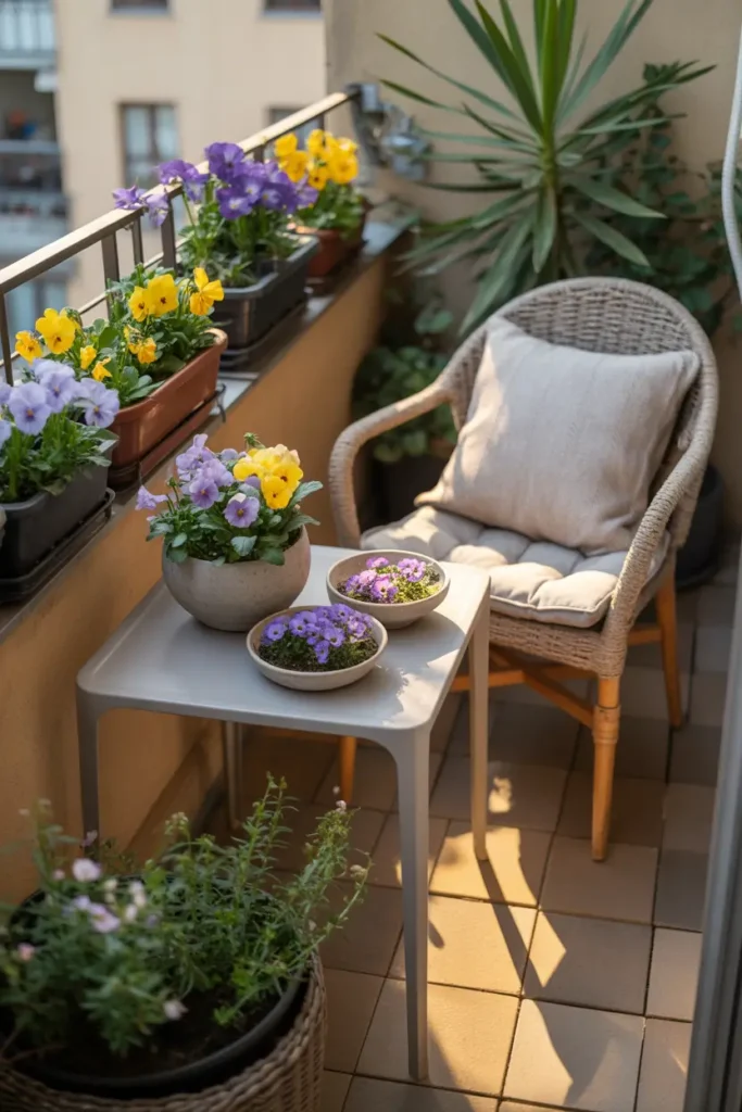 Charming apartment balcony table decorated with shallow ceramic bowls filled with pansy flowers in purple and yellow tones, small wooden café table beside woven chair with cozy linen cushion, warm golden evening light across balcony floor, layered plants and soft blankets adding texture, delicate flowers creating romantic Pinterest style balcony relaxation corner.
