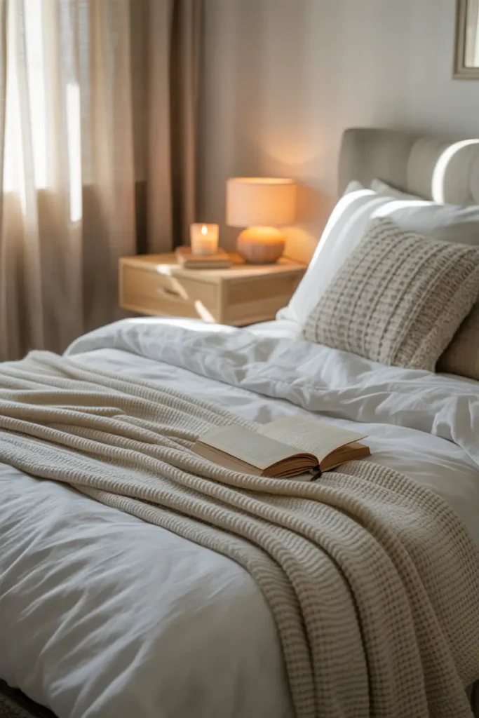 Pinterest-style cozy bedroom scene with soft white bedding, layered linen blankets, textured knit throw at foot of bed, warm bedside lamp, light wood nightstand with book and candle, neutral wall tones, natural sunlight through sheer curtains, calm relaxing bedroom atmosphere with soft fabrics and gentle lighting.