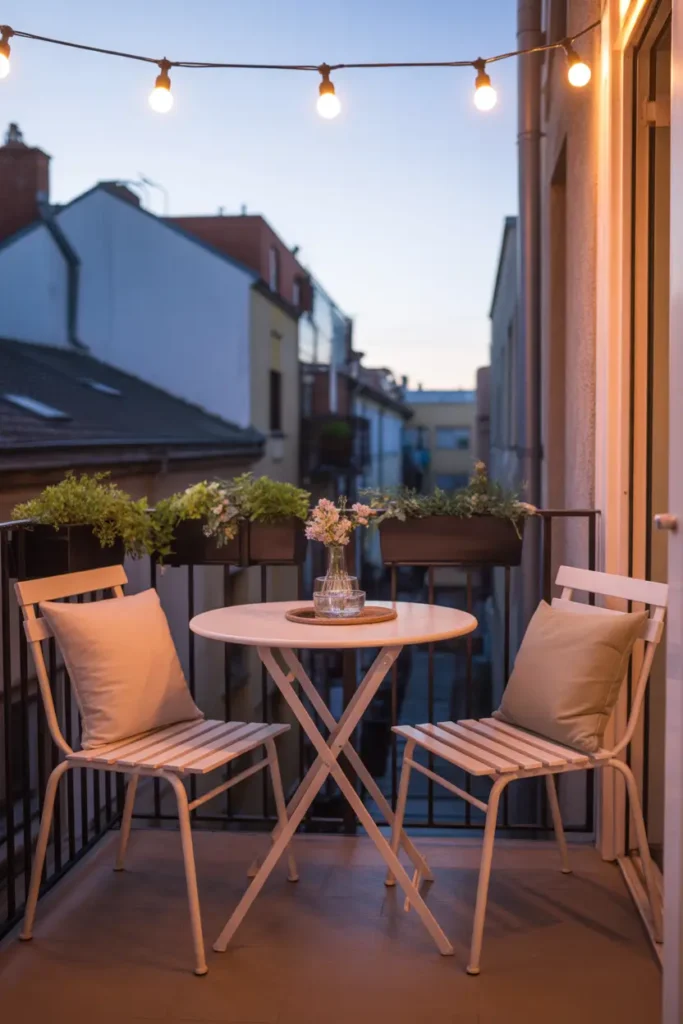 Small apartment balcony styled with a round white bistro table and two slim metal chairs, soft beige cushions, a small flower vase on table, warm string lights hanging above railing, soft sunset light glowing across balcony floor, cozy urban apartment view, realistic Pinterest style photography, natural textures, soft shadows, warm evening mood, plants around railing creating intimate relaxing balcony atmosphere
