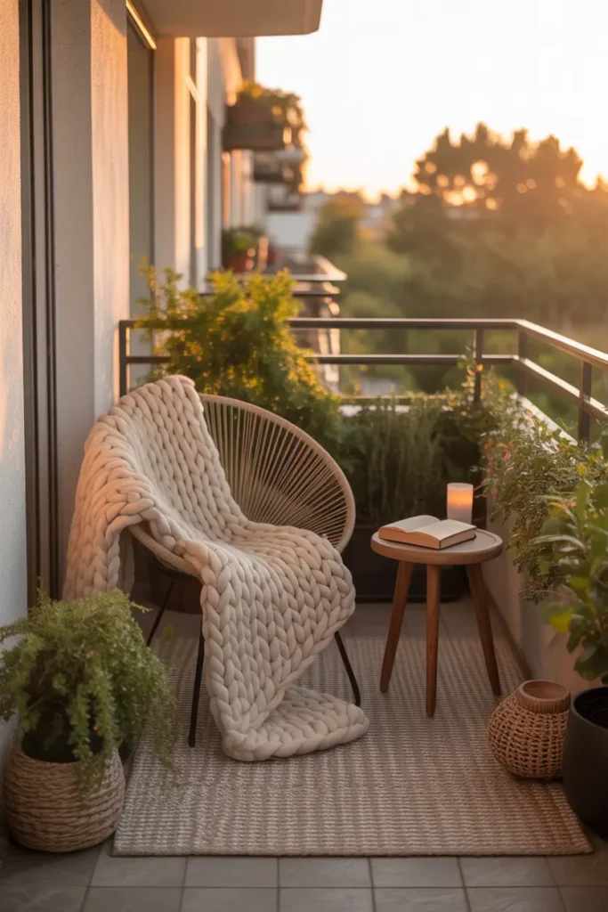 Small apartment balcony patio with woven chair layered with soft chunky knit blanket, neutral textured outdoor rug beneath furniture, warm wooden side table with candle and book, potted greenery placed around balcony railing, golden hour sunlight casting warm glow, cozy Pinterest style balcony retreat with layered textures.