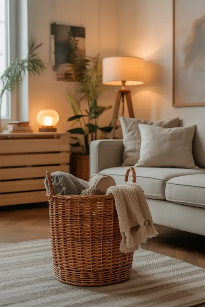 Small apartment living room with woven basket filled with cozy blankets, soft sofa nearby with pillows, warm lamp lighting, wooden floor and neutral rug, relaxed poor apartment aesthetic styling, natural textures and calm colors, Pinterest style cozy home photography.