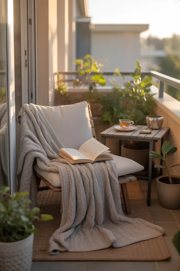 Realistic Pinterest style apartment patio reading nook with soft cushioned chair, light knit blanket draped across seat, small wooden side table holding open book and tea cup, warm natural sunlight illuminating balcony, potted plants placed around edges, soft neutral tones, cozy peaceful outdoor reading atmosphere.