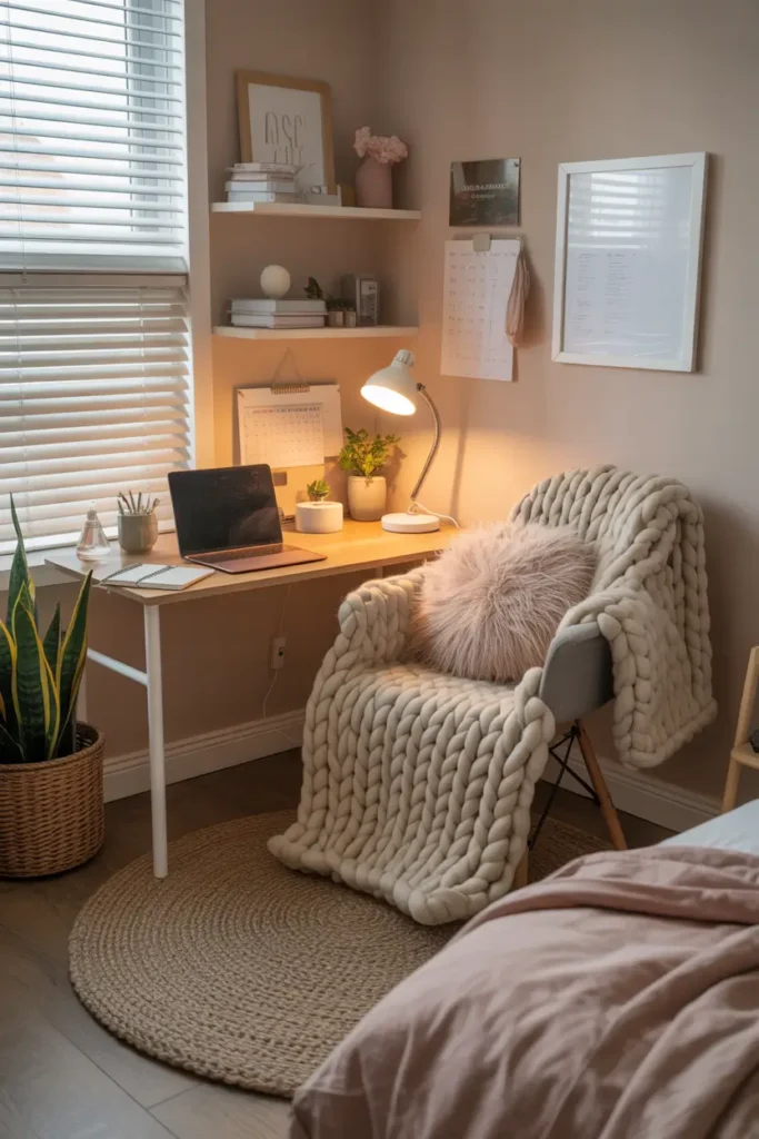 Cute dorm study corner with soft chair covered in chunky knit blanket, small desk nearby with laptop and planner, fluffy pillow on chair, warm desk lamp lighting the area, neutral rug under chair, cozy bedding and soft textures around the room creating inviting Pinterest style dorm study space.
