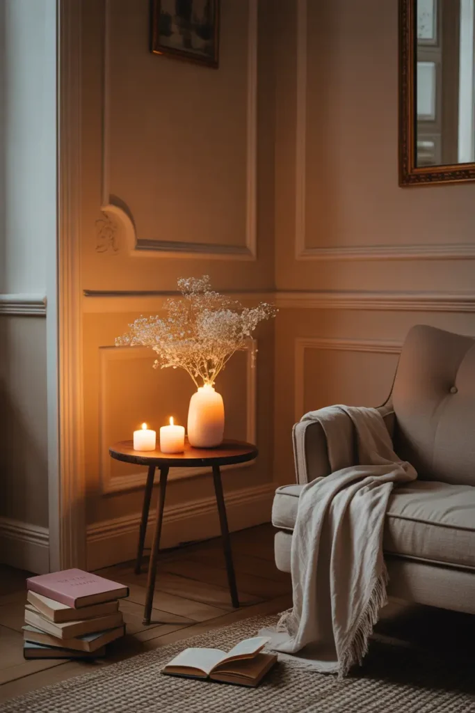 Tiny Parisian apartment evening corner with small wooden side table, glowing candles, stack of books, linen armchair, warm dim lighting, pale walls with molding, cozy feminine atmosphere captured in Pinterest style photography with warm golden tones.
