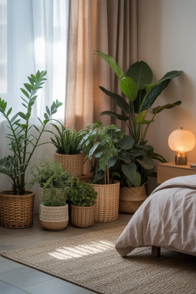 Soft apartment bedroom corner filled with a cluster of floor plants in woven baskets and clay pots, warm natural morning light flowing through sheer curtains, neutral bedding nearby, textured rug underfoot, Pinterest style cozy plant styling with calming indoor atmosphere, layered greenery creating peaceful relaxing mood.
