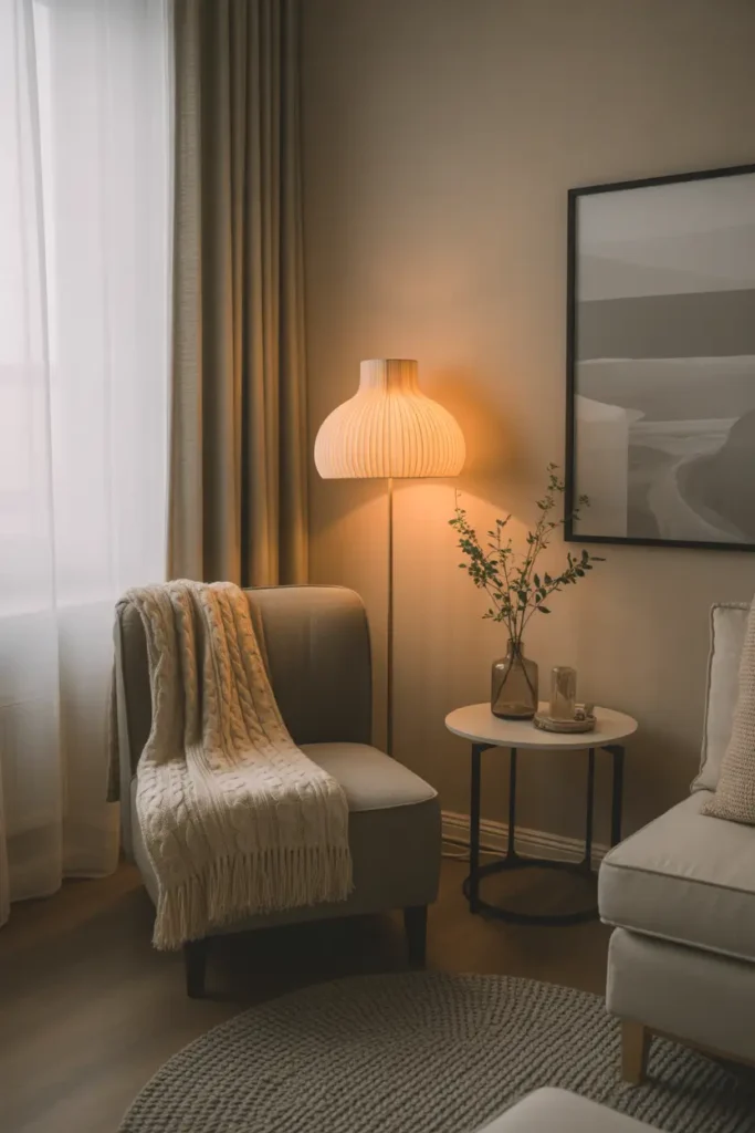 Cozy apartment living room corner with accent chair, knit throw blanket, small round side table, warm lamp glow, neutral palette, soft textures, minimalist styling