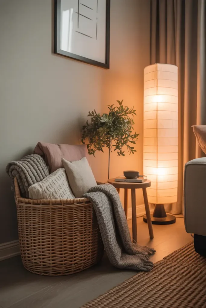 Pinterest-style realistic apartment living room corner styled with woven basket holding folded throw blankets, small leafy plant, narrow floor lamp, tiny wooden stool, soft beige wall, woven rug, warm natural light, cozy feminine decor, apartment interior photography with calm relaxed mood, layered textures, simple elegant styling, realistic lighting and soft shadows, intimate small-space atmosphere.