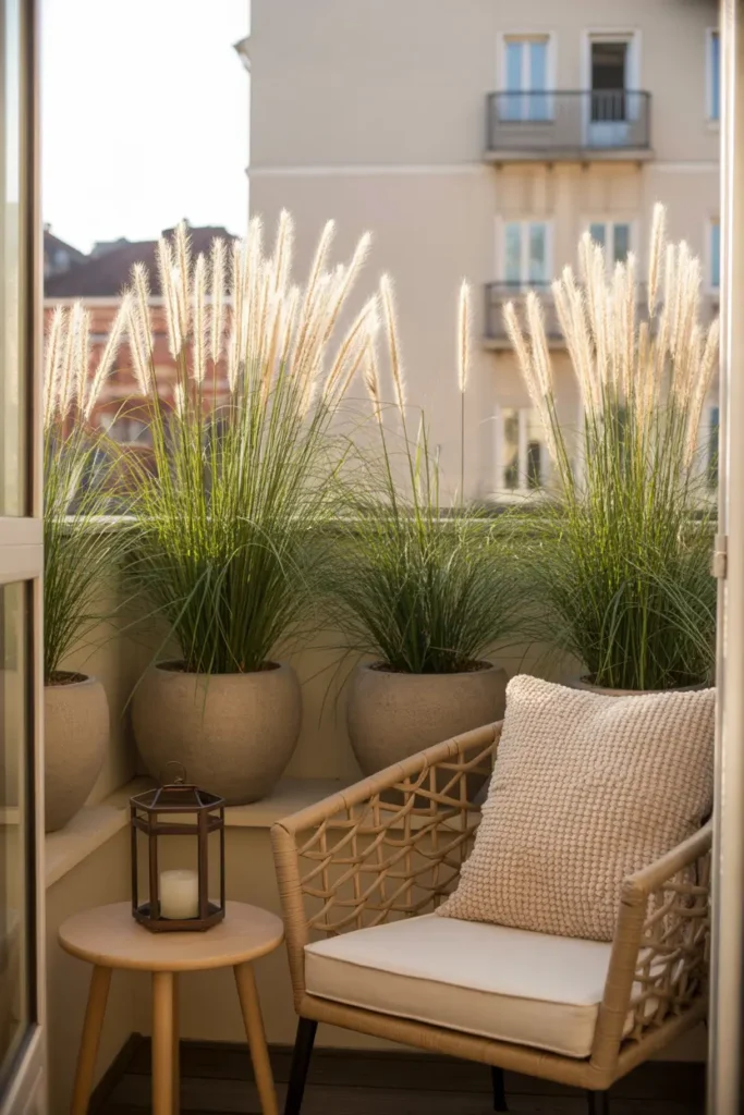Apartment balcony corner styled with tall ornamental grass in large ceramic planters, soft sunlight glowing through feathery grass tops, woven chair with textured cream cushion, small wood side table with candle lantern, warm natural tones, peaceful Pinterest balcony setup with airy relaxed atmosphere.