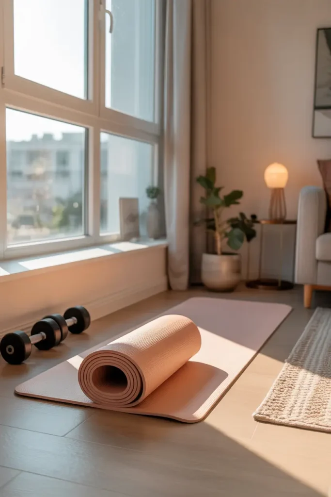 Pinterest style apartment corner gym setup inside a bright modern small apartment living room, soft beige yoga mat placed in a cozy corner near large window with natural sunlight, light wooden floor, neutral wall tones, small plant in ceramic pot, minimal dumbbell rack beside mat, warm soft lighting, calm and inviting atmosphere, airy minimalist decor, textured rug nearby, realistic interior photography style with gentle shadows and cozy home vibe.