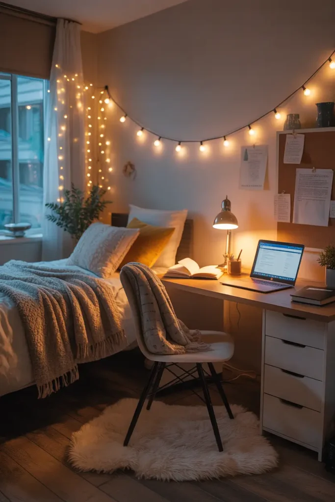 Dorm room at night with desk lamp glowing warmly over books and laptop, fairy lights across wall, cozy bedding with layered blankets, fluffy rug under chair, warm and peaceful Pinterest style dorm study space with relaxing nighttime atmosphere.