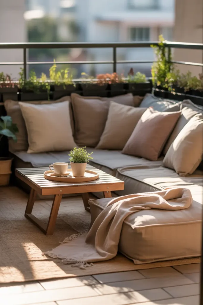 Pinterest style small apartment patio lounge with soft outdoor floor cushions in warm neutral tones, low wooden tray table holding coffee cup and small plant, cozy throw blanket casually draped across cushions, natural sunlight glowing across balcony floor, soft linen textures, calm relaxed atmosphere with minimal decor and potted greenery along railing.