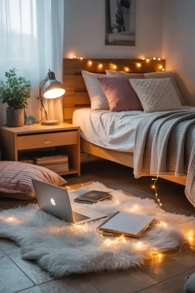 Dorm floor study space with fluffy rug, soft pillows scattered around laptop and notebooks, warm desk lamp nearby, cozy bed with layered blankets behind the area, fairy lights glowing softly creating relaxed Pinterest style dorm room study corner with casual and inviting atmosphere.