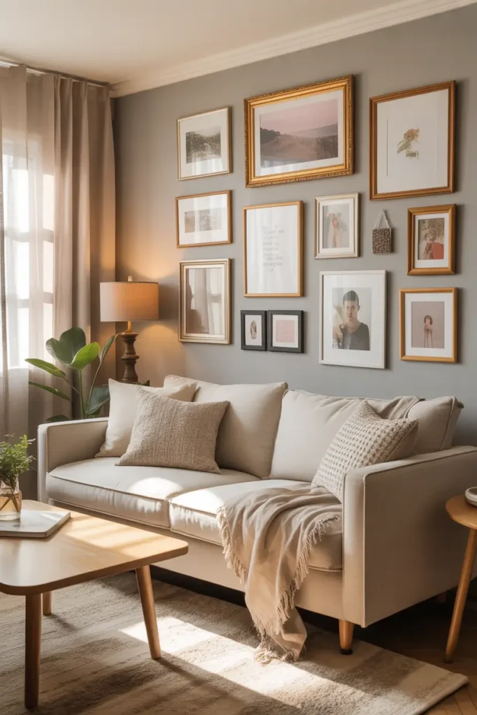 Realistic Pinterest style apartment living room with soft neutral walls and cozy gallery wall arrangement, mixed picture frames in wood and gold finishes, small art prints, personal photos, warm natural daylight through sheer curtains, soft linen sofa, textured throw pillows, light oak coffee table, indoor plant nearby, warm cozy atmosphere with balanced wall composition and stylish budget friendly decor.