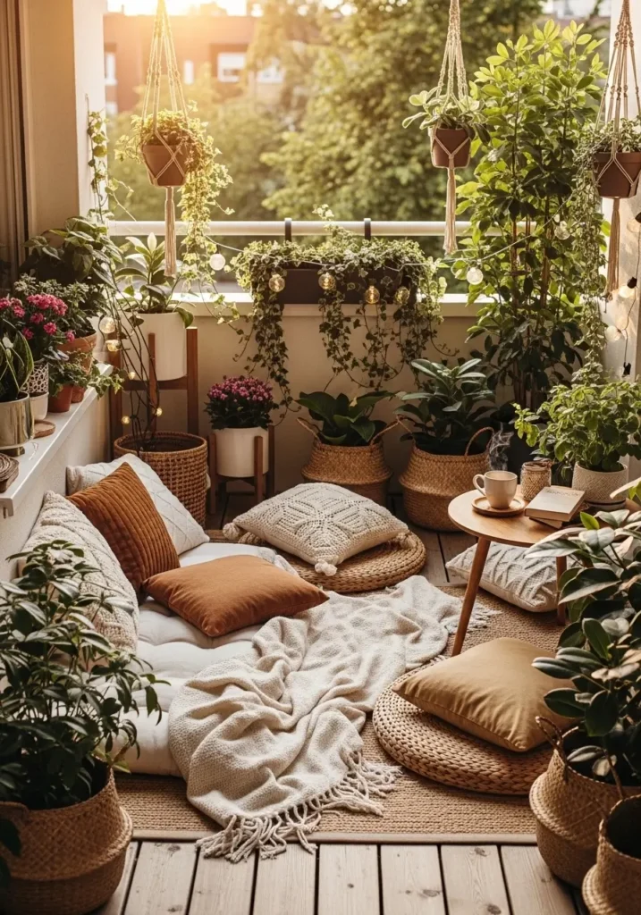 Small apartment patio styled as a cozy garden nook with floor cushions, soft throw blanket, surrounding potted plants and leafy greenery, warm evening sunlight glowing through plants, natural woven textures and wooden patio flooring creating a soft feminine patio garden atmosphere styled for Pinterest inspiration.