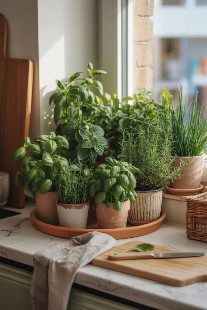 Bright apartment kitchen window corner filled with mixed herb pots clustered together, basil, mint, rosemary, and chives growing in terracotta and ceramic planters, sunlight pouring across leaves, wooden cutting board and linen towel nearby, cozy warm kitchen interior with Pinterest-style lighting and natural textures.