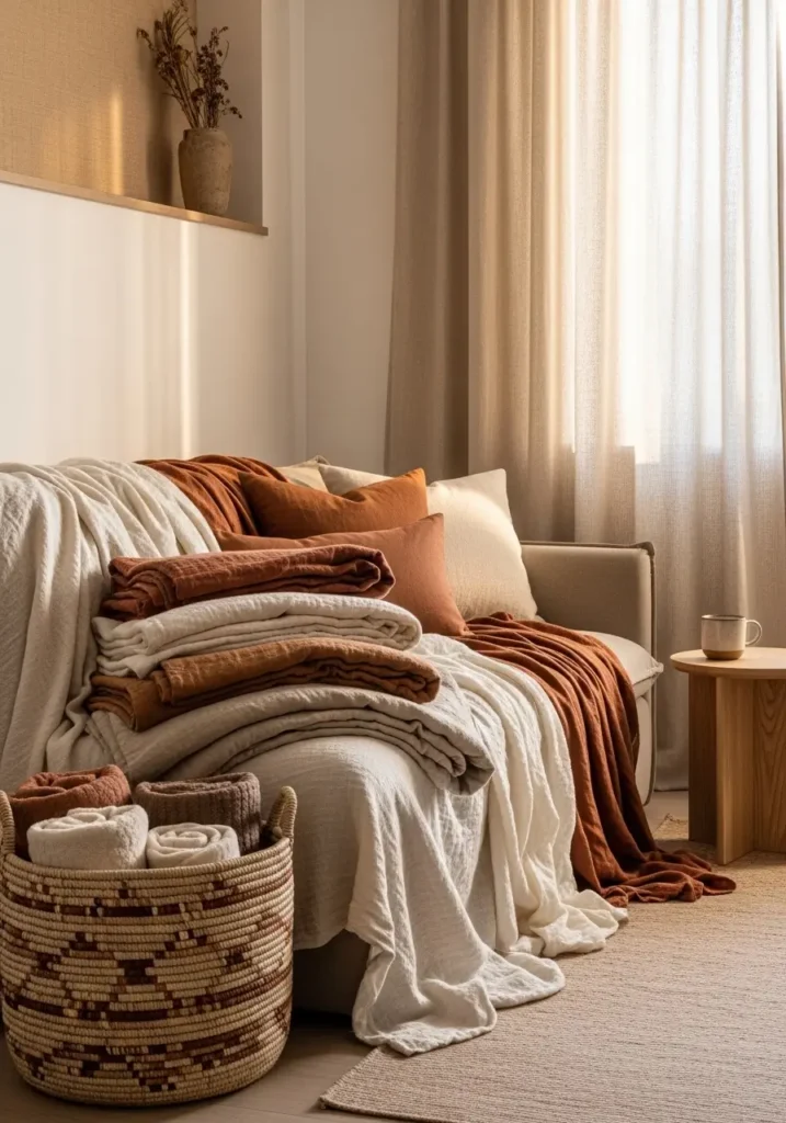 Earthy apartment sofa corner with layered linen and cotton throws, warm beige couch with rust and cream pillows, woven basket beside sofa holding blankets, soft sunlight glowing through linen curtains, wooden side table with ceramic mug, cozy Pinterest style interior with natural textures and calming earthy colors.