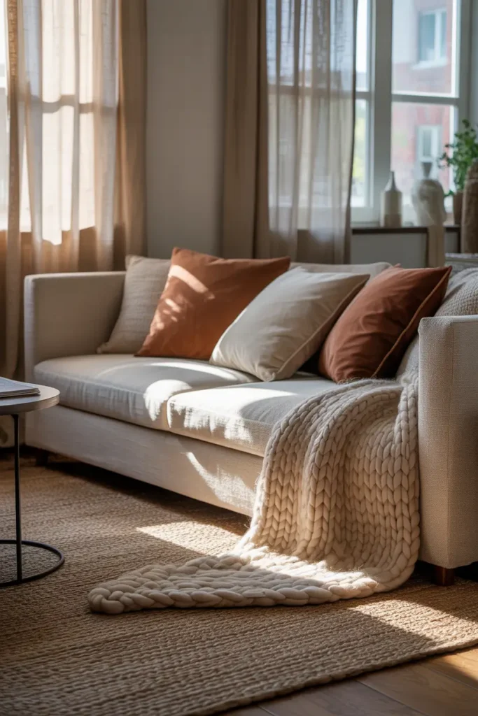 Warm small apartment living room styled with layered textiles including chunky knit blanket on sofa, velvet accent pillows, soft woven rug, linen curtains filtering sunlight, light neutral sofa, wooden coffee table with candle decor, cozy warm lighting, Pinterest-style apartment interior photography, feminine relaxed atmosphere with textured fabrics and comfortable styling.