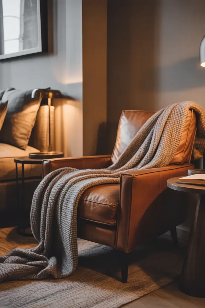 bachelor apartment corner featuring warm brown leather accent chair, soft textured throw blanket, small wooden side table, warm ambient lighting from nearby lamp, neutral wall tones, cozy evening atmosphere, modern masculine interior styling, natural shadows, layered textures, inviting reading nook feeling, detailed interior photography composition with soft cinematic lighting and relaxed urban apartment mood.