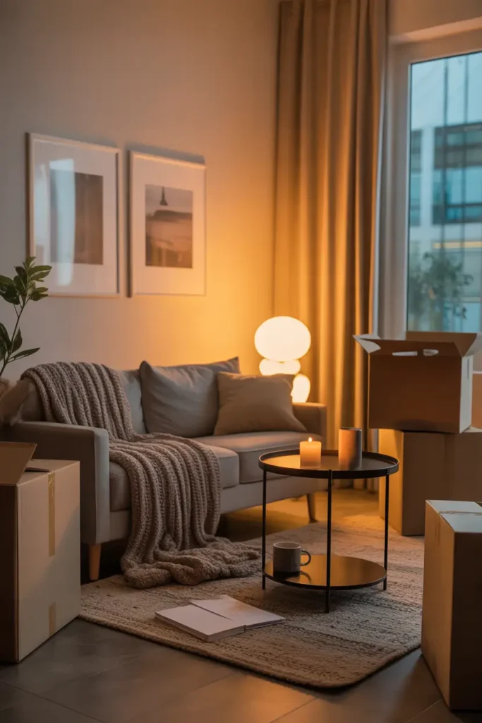 Warm Pinterest style apartment living room during evening move in day, soft table lamps glowing beside small sofa, warm golden lighting creating cozy shadows, cardboard boxes still around room, knitted throw blanket on couch, small coffee table with candle and mug, neutral soft color palette, realistic interior photography with calm welcoming home atmosphere.