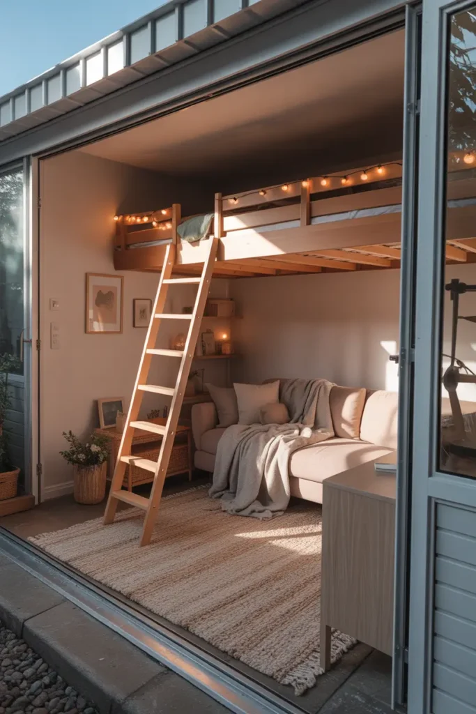 Small apartment over garage with cozy loft bed setup, wooden ladder leading to sleeping loft, warm string lights around loft railing, compact living area below with soft couch and textured rug, neutral walls, light wood furniture, large window sunlight, Pinterest style small apartment photography, layered blankets, warm cozy evening lighting, minimalist styling with soft fabrics and calm home atmosphere