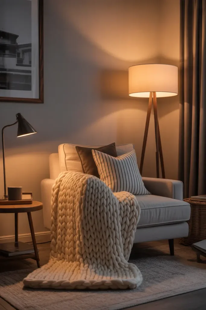 apartment lounge corner with soft armchair, layered cushions, chunky knit blanket, warm floor lamp glow, neutral wall tones, wooden side table, relaxed masculine decor aesthetic, realistic interior photography, soft evening lighting, inviting comfortable atmosphere with detailed textures and calm modern apartment mood.