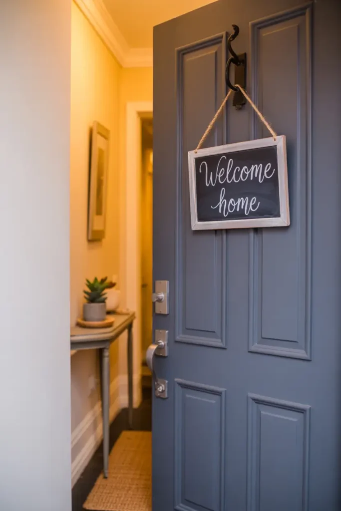 apartment entry scene with a modern door displaying a small hanging chalkboard sign featuring handwritten welcome text. Soft warm hallway lighting, neutral apartment walls, cozy feminine styling, minimal decor surroundings, realistic textures, inviting residential atmosphere with gentle shadows and balanced composition.