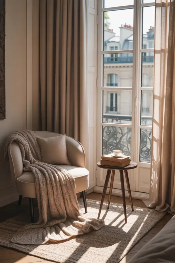 Charming Paris apartment reading corner with curved upholstered chair, soft knitted blanket, small wooden side table with books and tea cup, tall window with flowing curtains, afternoon sunlight filling the corner, neutral rug, cozy feminine apartment styling, warm peaceful atmosphere, Pinterest interior photo style.
