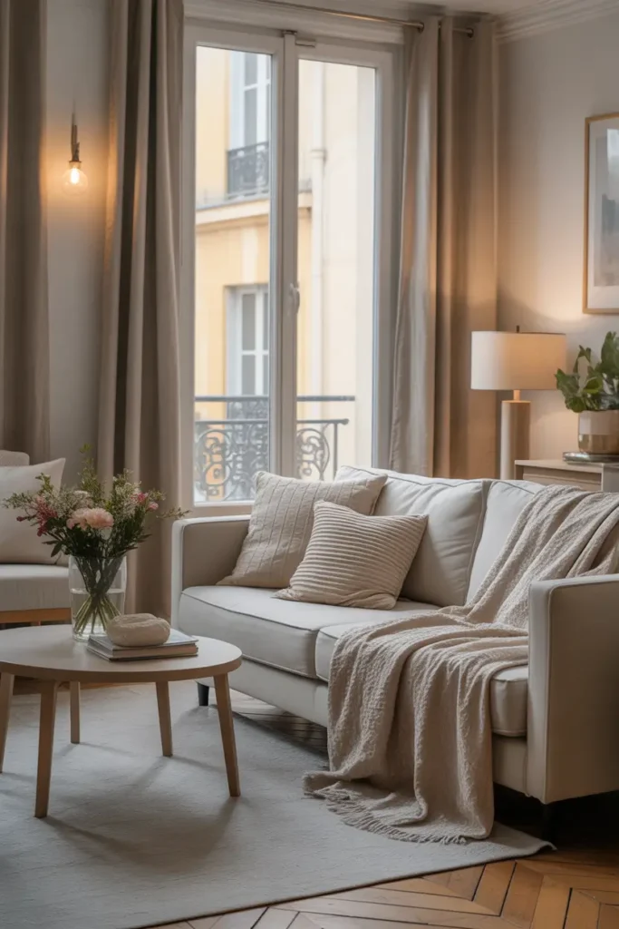 Small Paris apartment living room with cozy neutral sofa, textured throw blankets, layered linen pillows, round wooden coffee table, soft rug, tall window glowing with warm light, fresh flowers on table, calm feminine apartment styling, relaxed Paris aesthetic, Pinterest style interior photography.