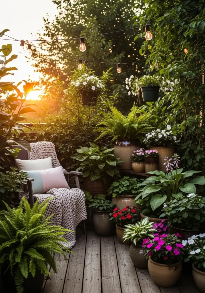 Apartment patio garden at sunset with warm string lights hanging overhead, soft glow lighting green plants in ceramic pots, cozy outdoor chair with knit throw and pastel cushion, wooden deck flooring, gentle evening atmosphere with leafy plants surrounding seating area, romantic feminine patio styling with soft warm lighting and relaxed Pinterest inspired mood.