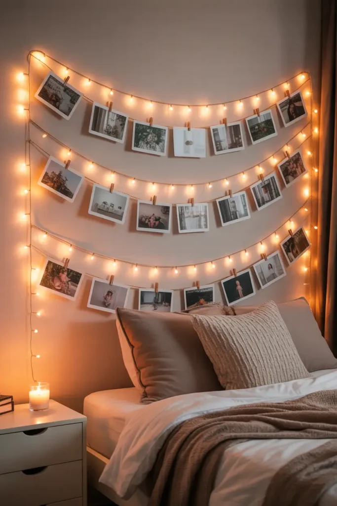 Warm Pinterest style apartment bedroom wall with delicate photo string display, small printed photos clipped onto thin string lights, soft glowing warm lights creating cozy evening atmosphere, neutral bedding, textured throw blanket, small nightstand with candle, relaxed and personal apartment styling with intimate cozy feeling.