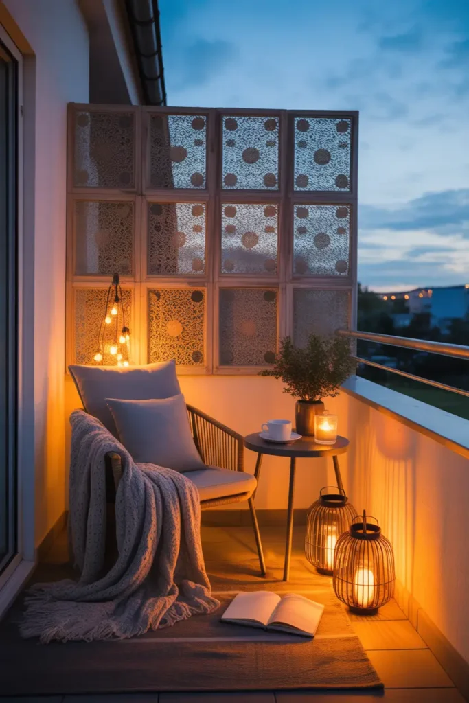 Small apartment balcony corner styled with decorative privacy screen, warm lantern lights glowing beside cozy lounge chair, soft knit throw draped over armrest, small round table holding tea cup and journal, evening twilight sky in background, calm Pinterest balcony atmosphere with warm cozy lighting.