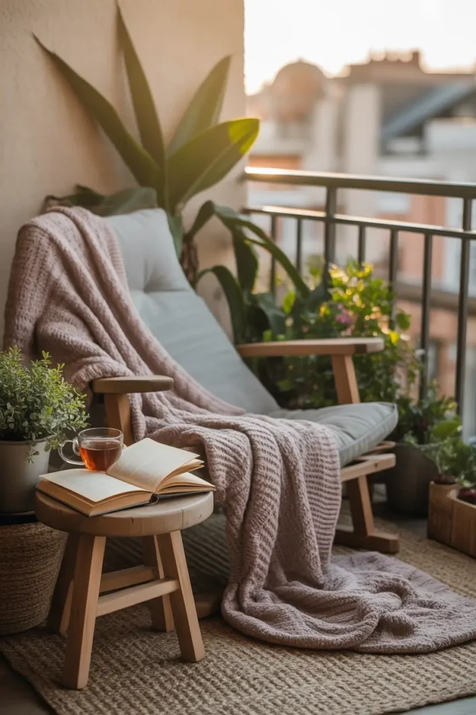 Pinterest-style cozy balcony reading corner with comfortable lounge chair, soft knitted blanket draped across chair, small wooden stool holding open book and tea cup, potted plants nearby, warm sunlight streaming through balcony railing, textured rug adding warmth, calm peaceful balcony reading atmosphere.