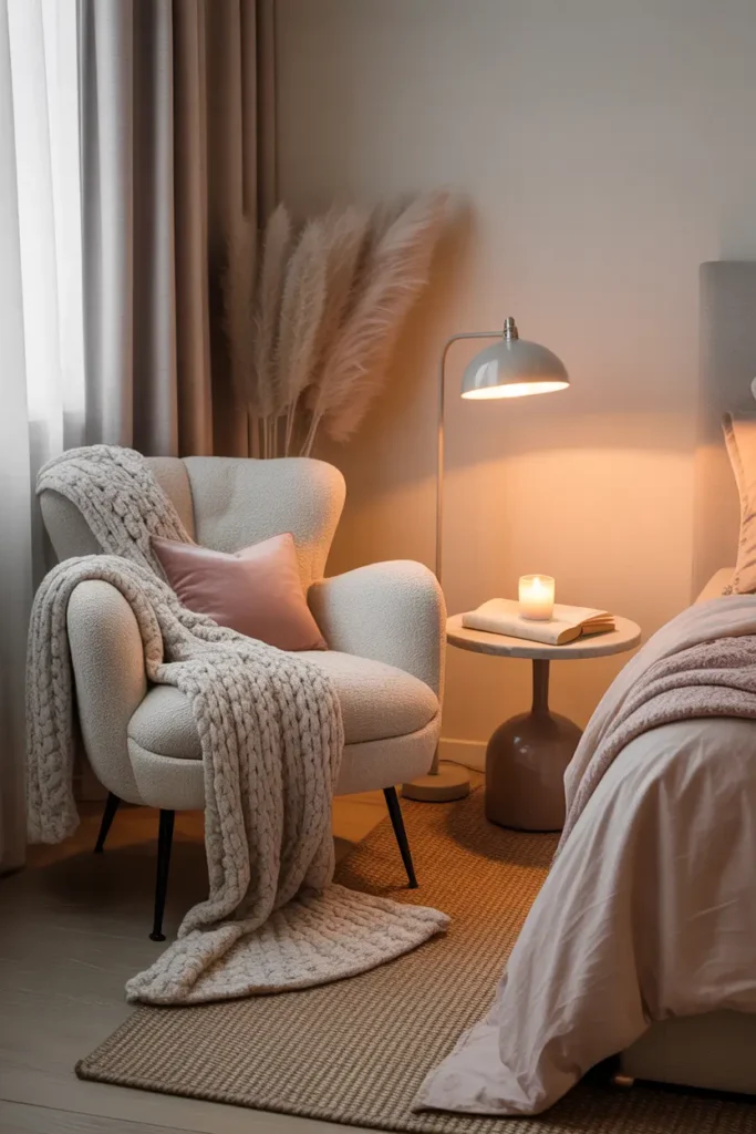 Feminine apartment bedroom reading corner with plush accent chair in soft cream fabric, knit throw blanket draped over arm, small round side table with candle and book, warm floor lamp glowing nearby, neutral rug under chair, blush bedding visible in background, cozy Pinterest style bedroom interior with soft textures and calm, relaxing atmosphere.