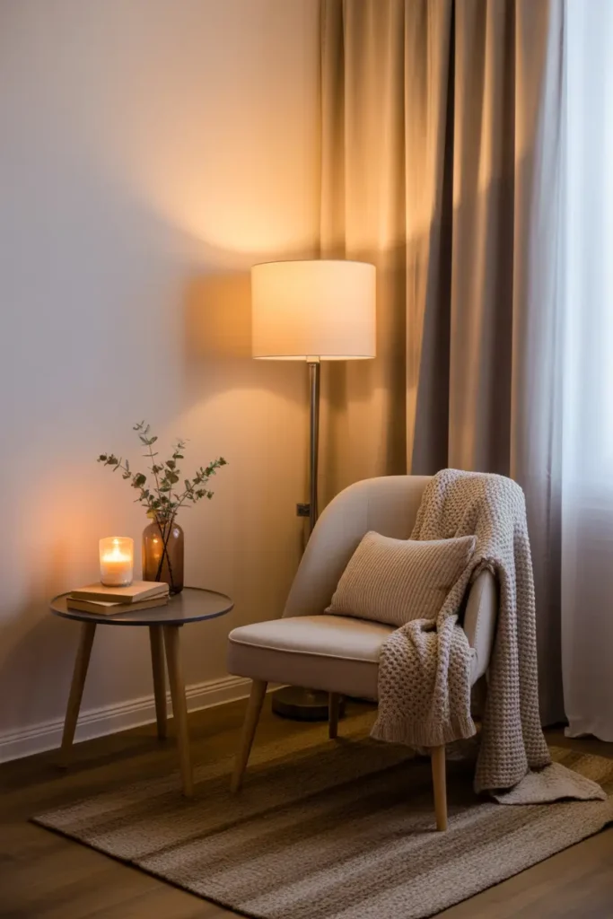 Small apartment corner with soft reading chair, knitted throw blanket, tiny side table with books and candle, warm floor lamp lighting, neutral rug beneath chair, pale walls and cozy decor textures