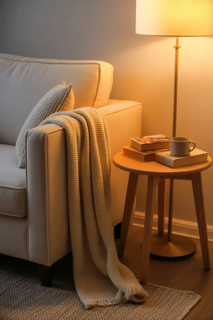 Warm apartment living room corner styled with plush cream armchair, soft knit throw draped over side, small wooden side table holding stacked books and ceramic mug, warm floor lamp casting golden glow, textured rug underneath, gentle evening lighting, calm Pinterest style apartment interior with cozy layered fabrics and relaxed peaceful mood.
