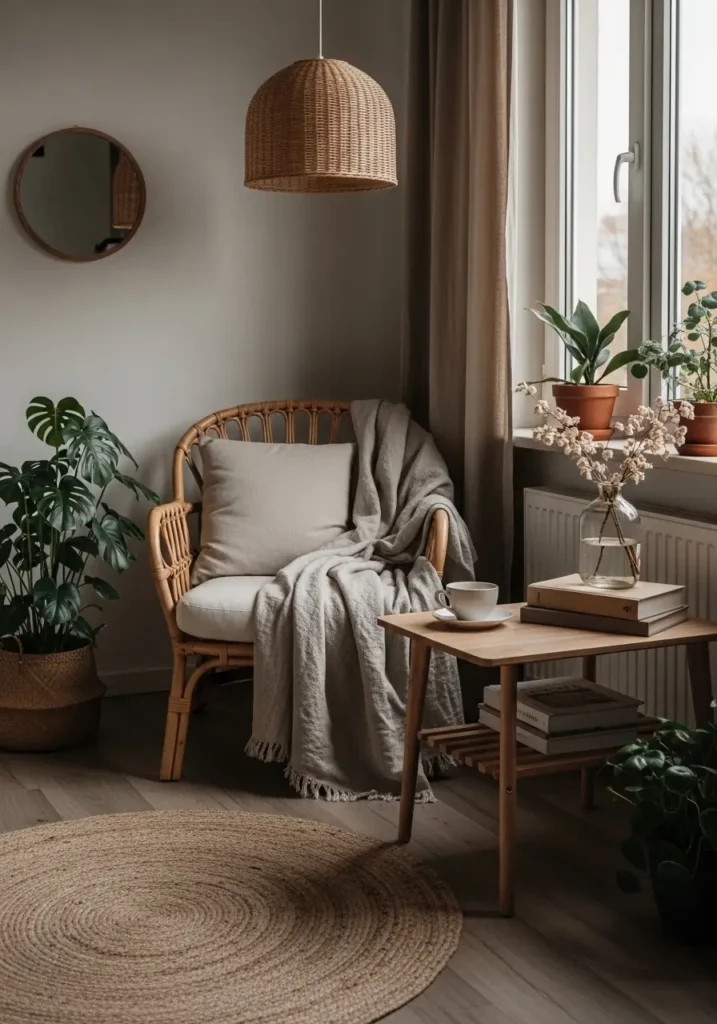 Earthy apartment reading nook with rattan accent chair, linen throw blanket, small wooden side table with ceramic mug, woven basket holding books, potted plant beside chair, soft warm lamp lighting, neutral beige and clay color palette, cozy Pinterest style interior designed for calm relaxing atmosphere.