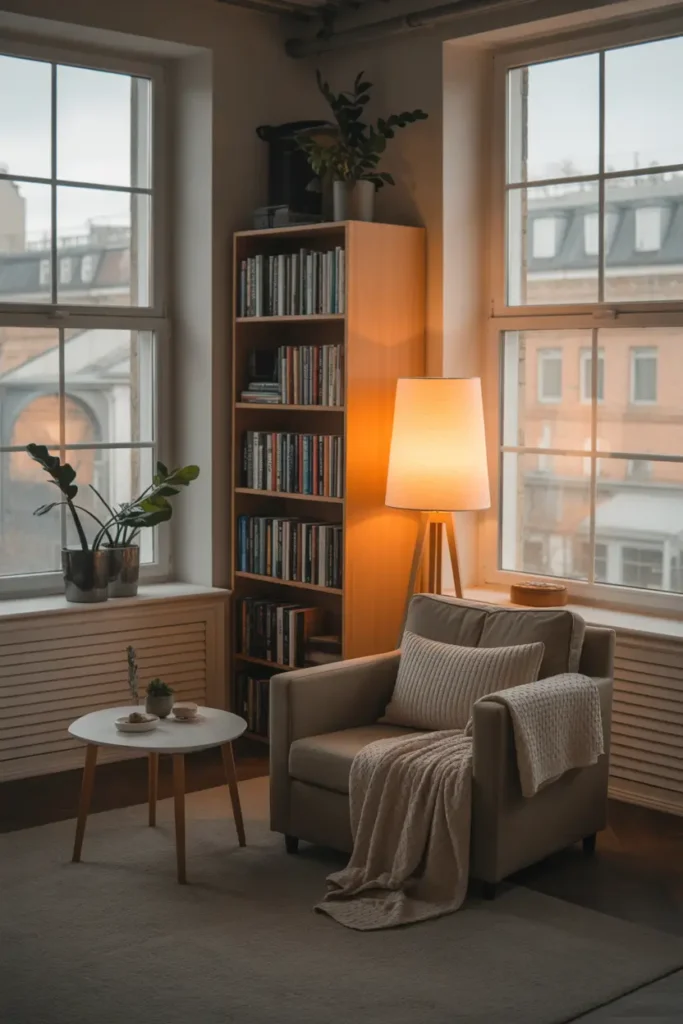 Cozy loft apartment reading corner with armchair, small side table, soft knit blanket, warm lamp lighting, tall bookshelf nearby, large windows letting in daylight, Pinterest style interior photography with calm cozy atmosphere.