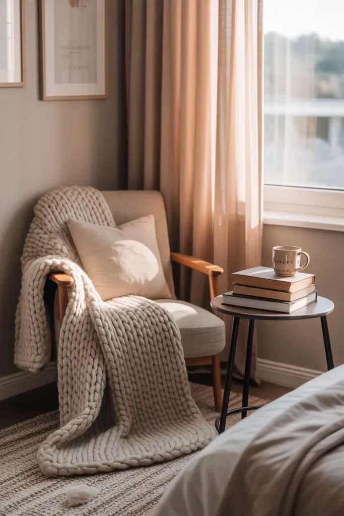 Soft Pinterest-style studio apartment reading nook beside window with comfortable accent chair, chunky knit throw blanket draped over arm, small round side table holding stack of books and ceramic mug, warm sunlight pouring through sheer curtains, light textured rug under chair, neutral walls with framed art, calm feminine apartment aesthetic with peaceful relaxing atmosphere.