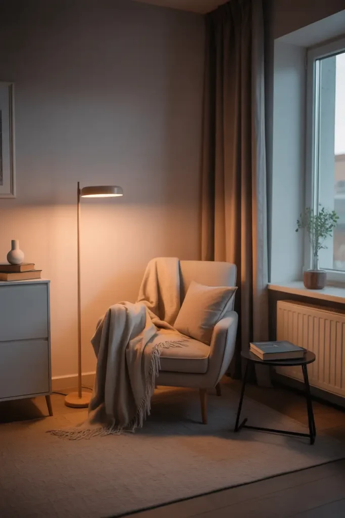Minimalist apartment reading nook near window, cozy armchair with neutral throw blanket, slim floor lamp casting warm glow, small side table with books, soft natural lighting, Scandinavian cozy aesthetic, realistic Pinterest interior photography, calm relaxing mood, airy apartment styling with warm textures and peaceful atmosphere.