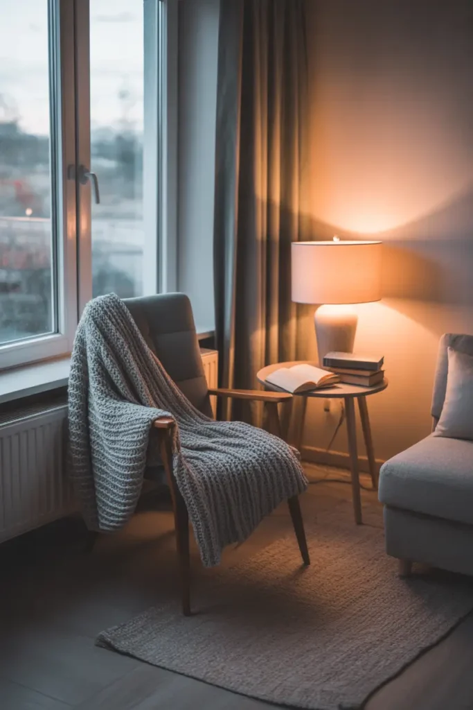 Small apartment reading nook beside window with comfortable chair, knitted blanket, small wooden side table holding books, warm lamp lighting, neutral rug under chair, relaxed poor apartment aesthetic styling, soft natural daylight, calm quiet corner atmosphere, Pinterest style cozy interior photography.