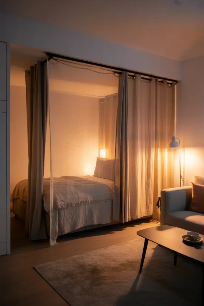 Small studio apartment with soft linen curtain divider separating sleeping area from living space, warm neutral palette, bed with textured bedding and soft lighting behind curtain, compact sofa and coffee table in front area, evening ambient glow from floor lamp, cozy layered fabrics, Pinterest style feminine apartment decor with relaxed boho mood.